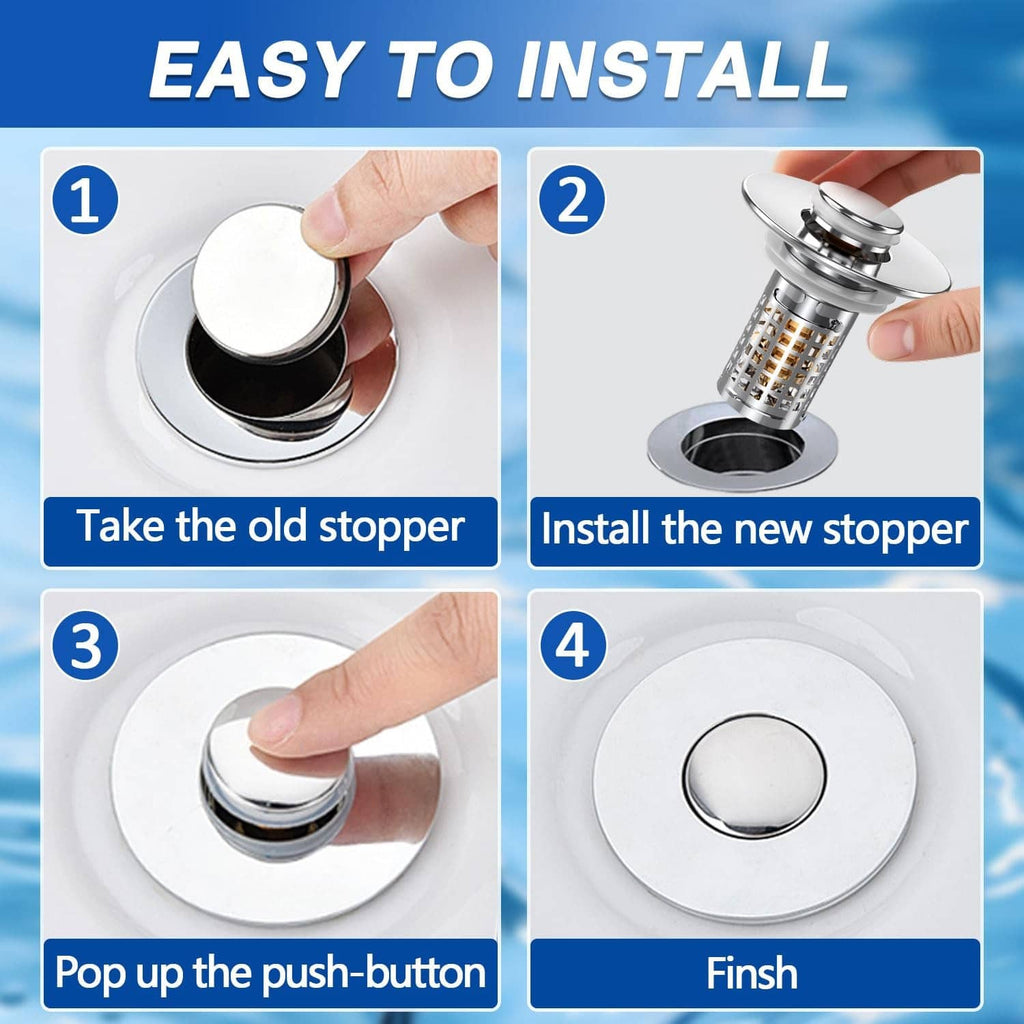 Chrome pop-up sink stopper drain strainer with round push-button top