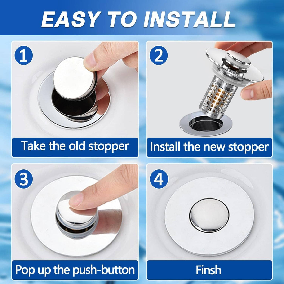 Chrome pop-up sink stopper drain strainer with round push-button top