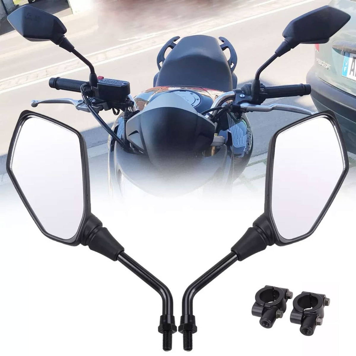Pair of black motorcycle rearview side mirrors with rectangular convex lenses and stems