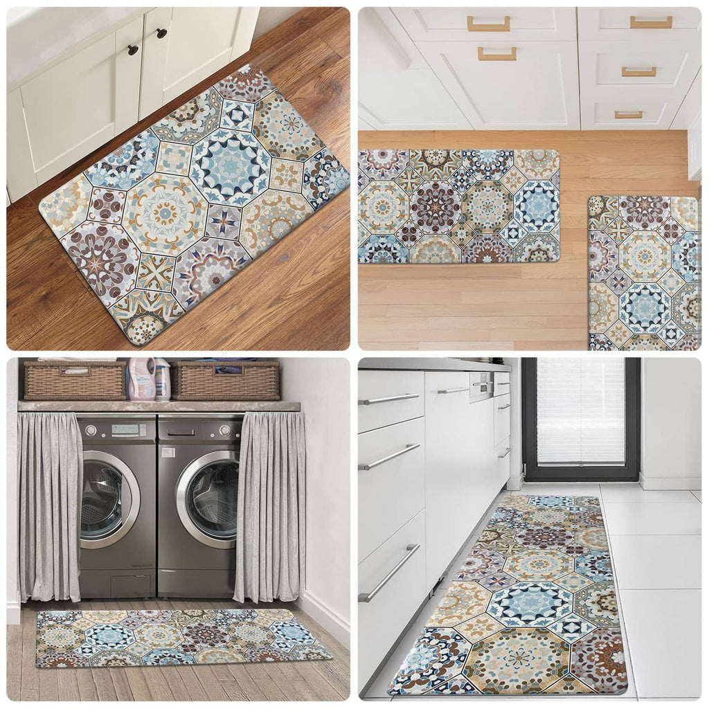 Two multi-color tile-pattern kitchen rugs displayed in a hallway and laundry area
