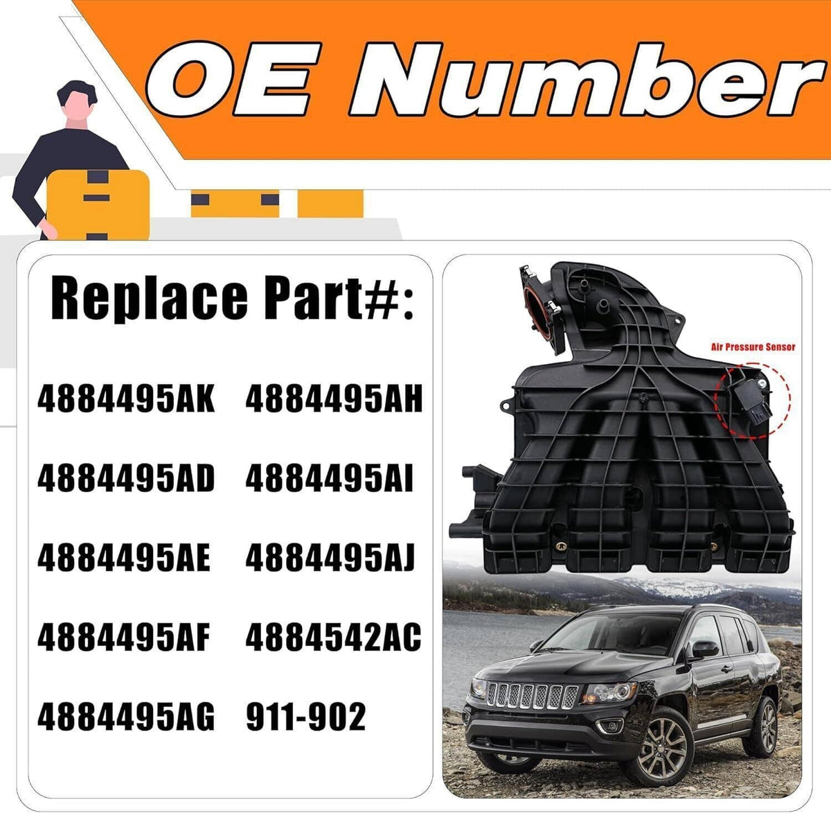 Intake manifold assembly with runner control valve, OE number replacement list, black