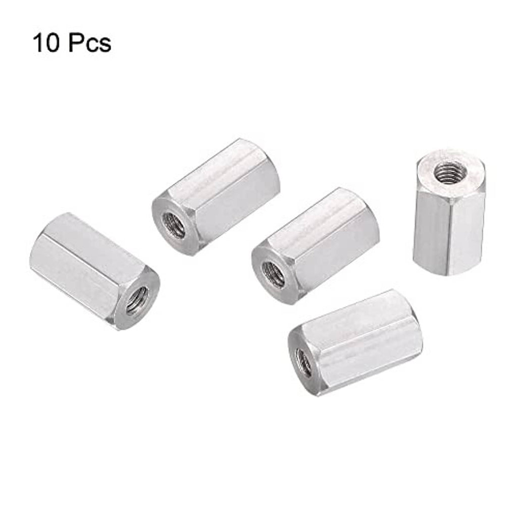 Set of 10 M3 polished stainless steel hex couplings with internal threads