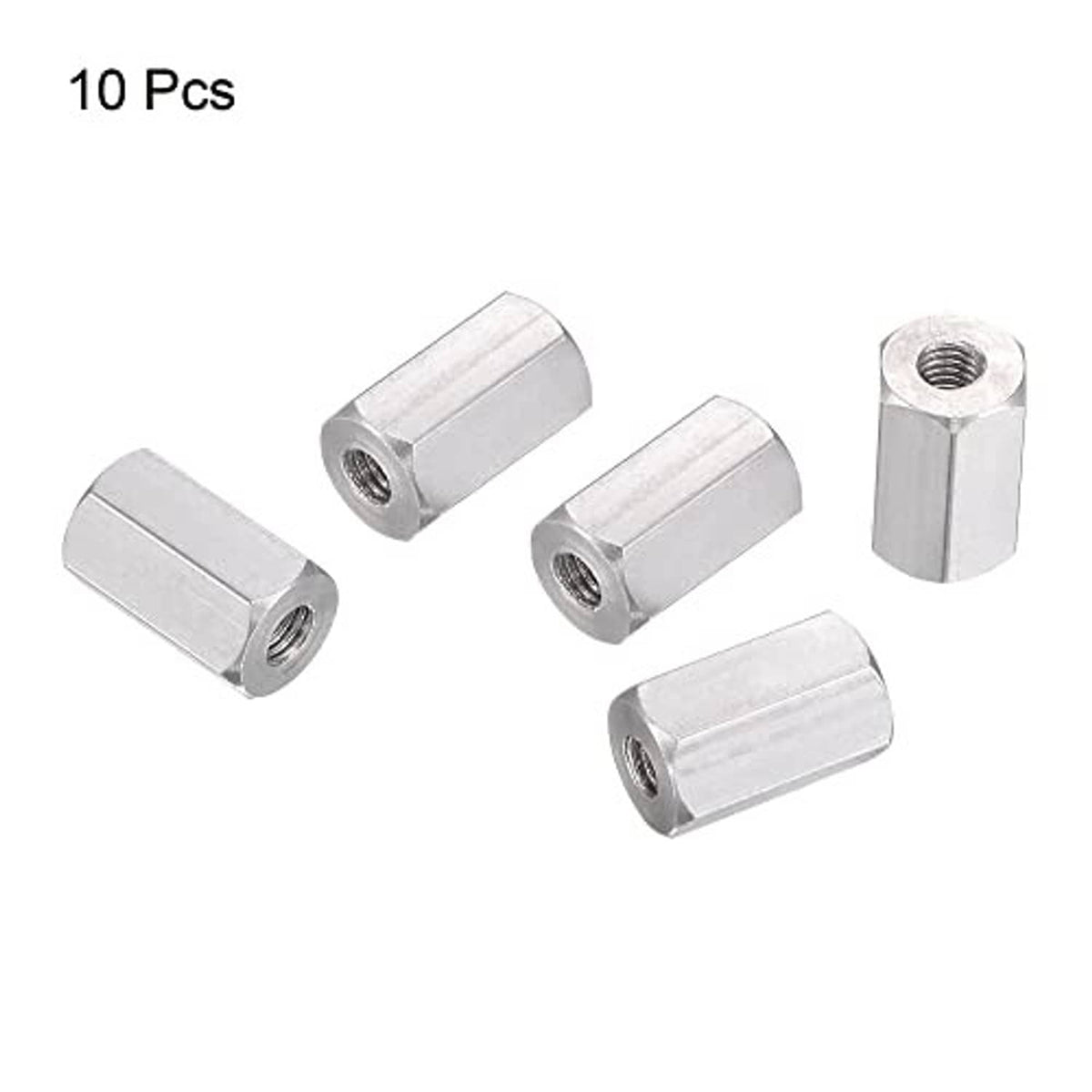 Set of 10 M3 polished stainless steel hex couplings with internal threads