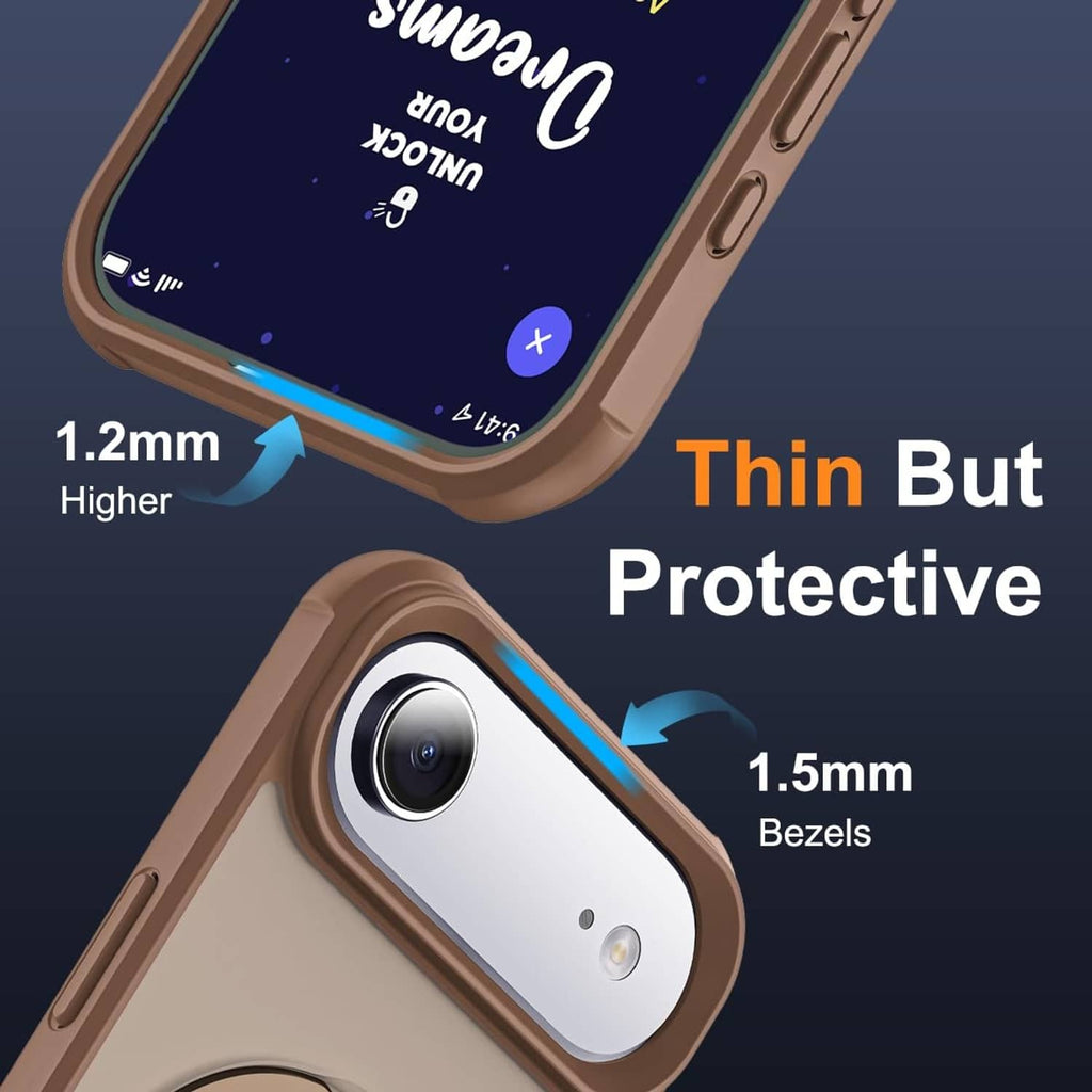 Desert brown phone case edge detail with raised camera bezel and button cutouts