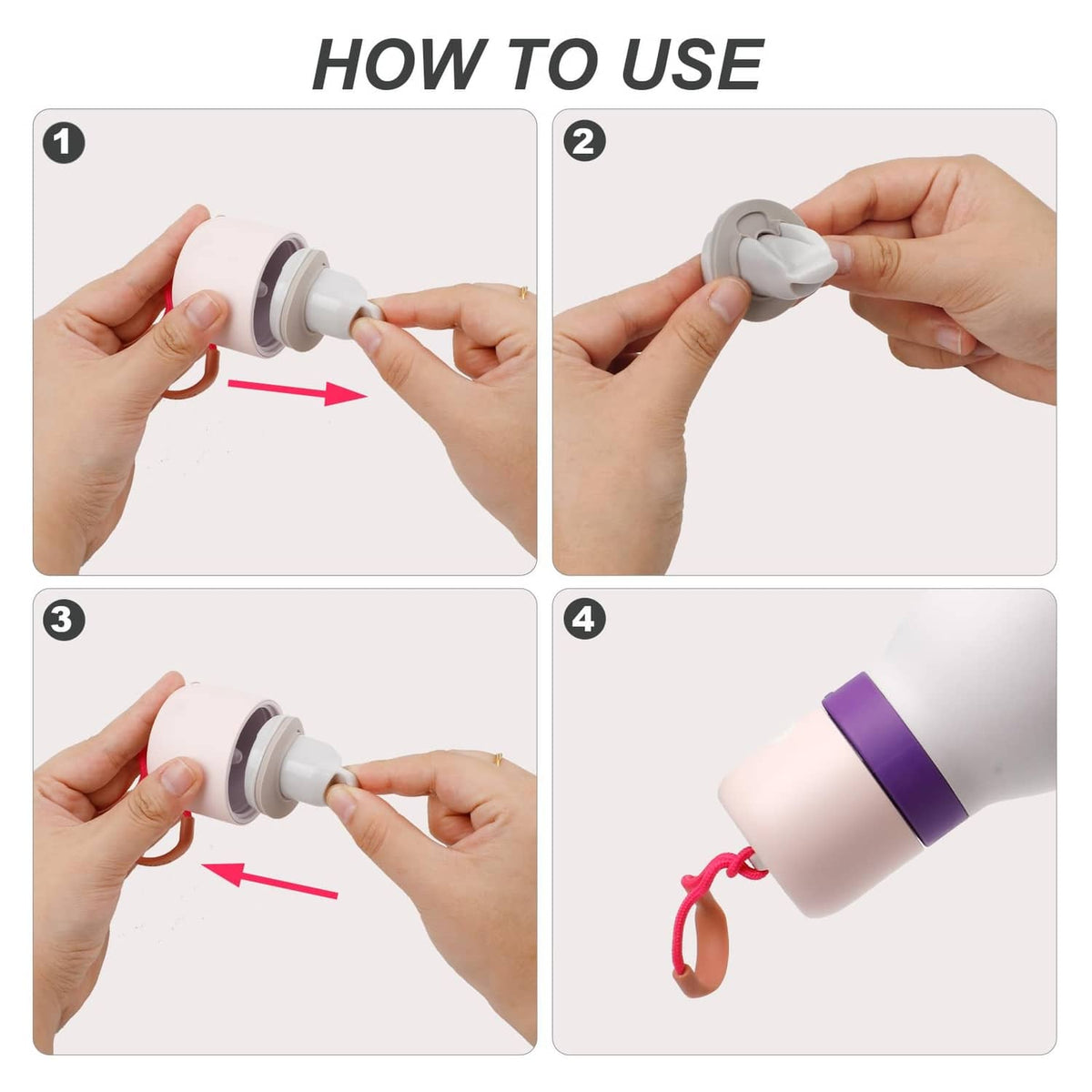 Hands installing gray water bottle stopper replacement onto bottle spout, 4 steps