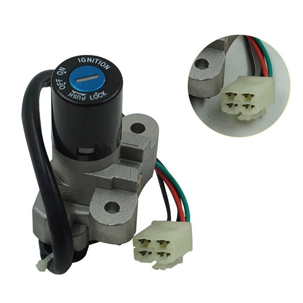 Ignition switch cylinder with key lock, mounting plate, and colored wire connectors