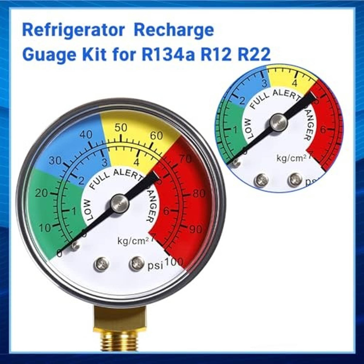Refrigerant pressure gauge dial for R134a with colored full alert and angle markings