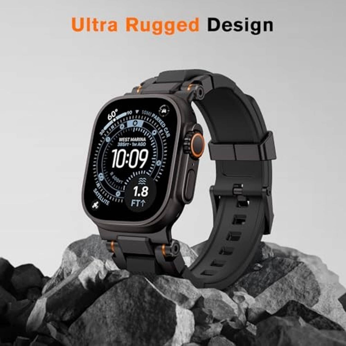 Matte black rugged watch band with orange accents and smartwatch face, side angle