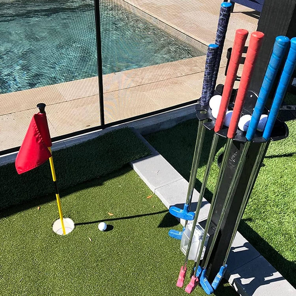 Black golf club organizer rack holding clubs with red, blue, and dark shafts.