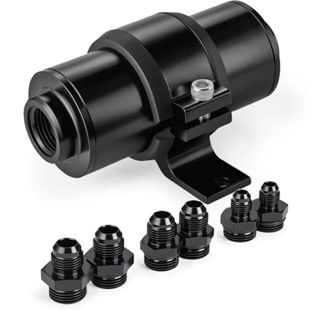 Black inline fuel filter with clamp bracket and included threaded AN adapter fittings