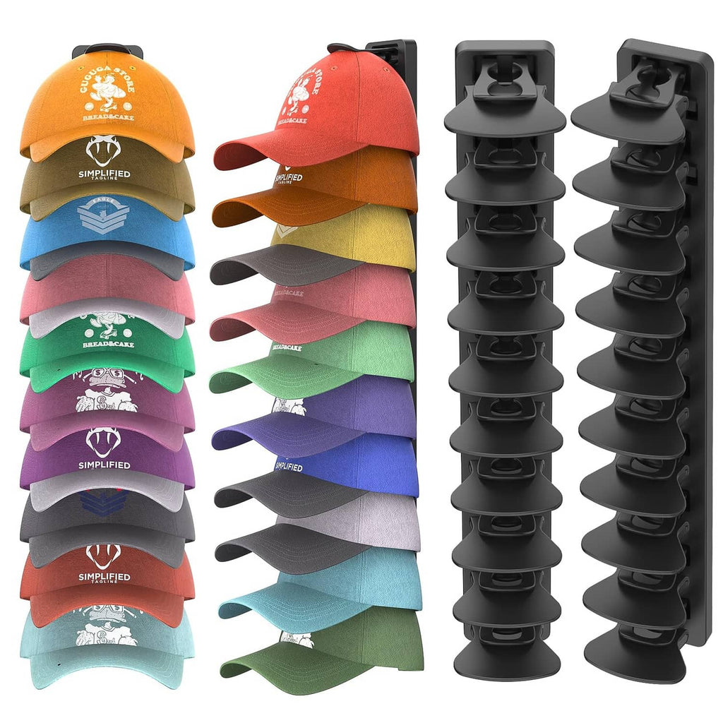 Black hat organizer with two vertical rows of cap holder hooks, 20 per row