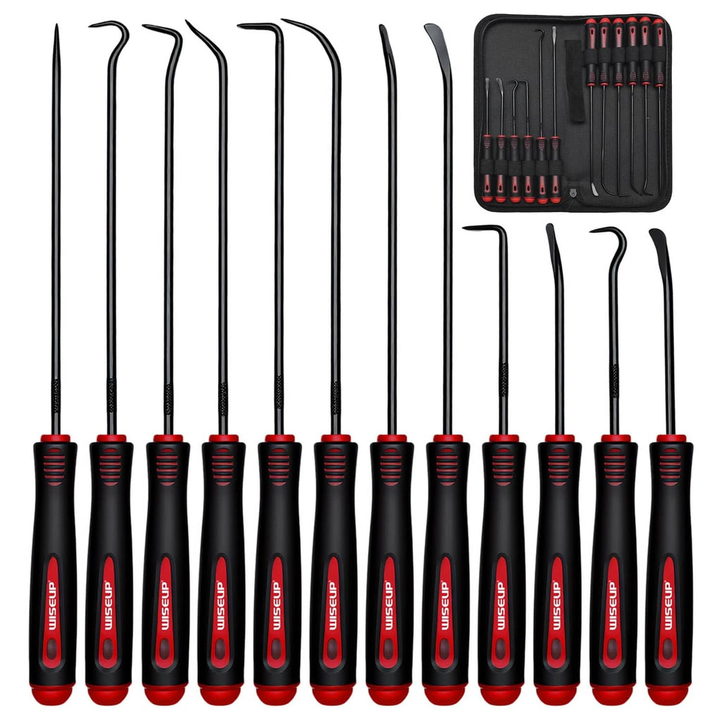 12-piece hook and pick tool set with black handles, red grips, and snap storage case.
