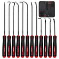 12-piece hook and pick tool set with black handles, red grips, and snap storage case.