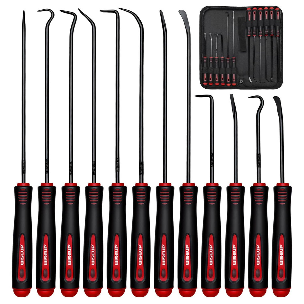 12-piece hook and pick tool set with black handles, red grips, and snap storage case.