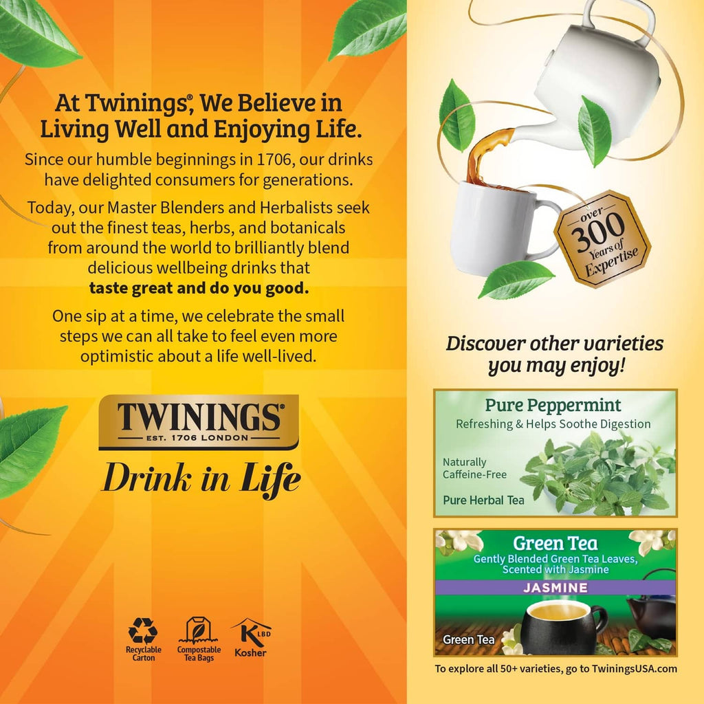 Twinings Lemon & Ginger herbal tea box with Drink in Life branding and variety teas