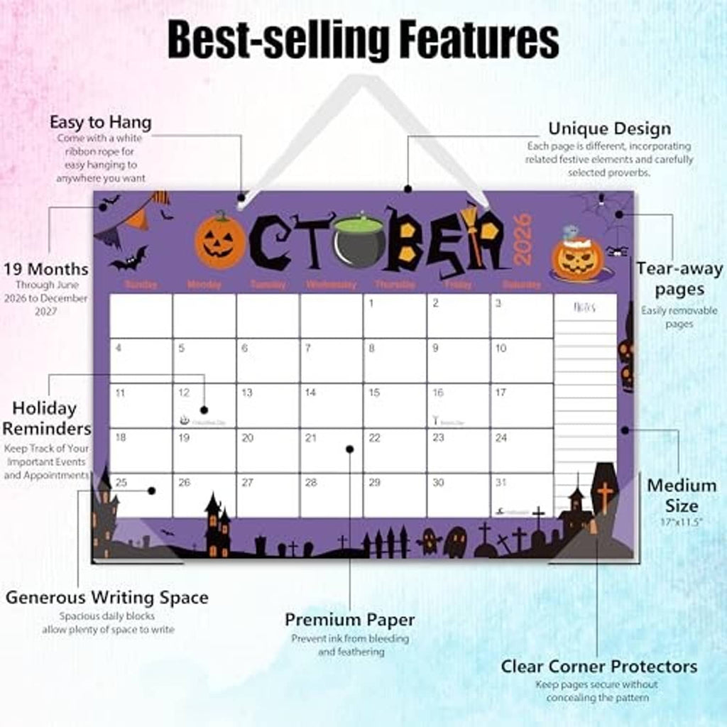 Halloween 19-month desk calendar with labeled best-selling features and tear-away pages section