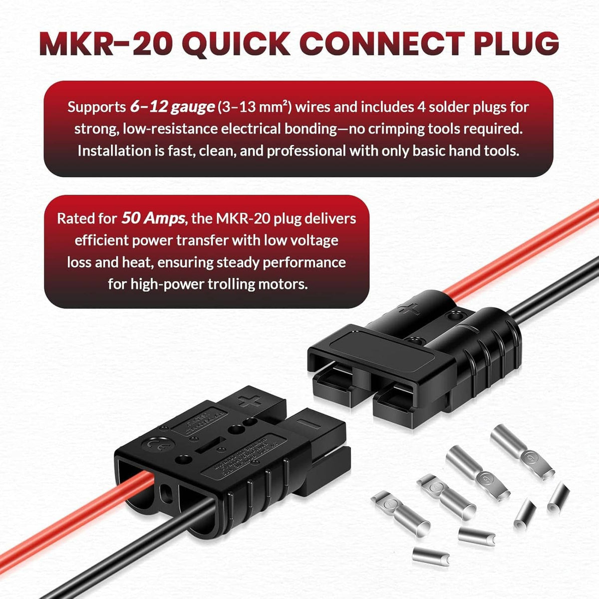 Quick connect plug kit with red and black wires, black housing, and metal solder plugs