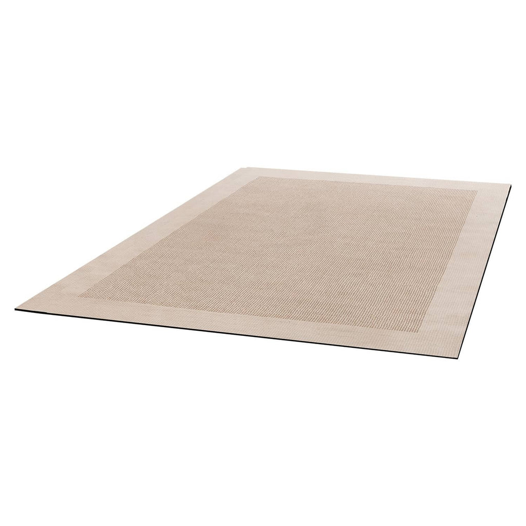 Rug pad with beige textured felt surface and thin dark backing, laid flat