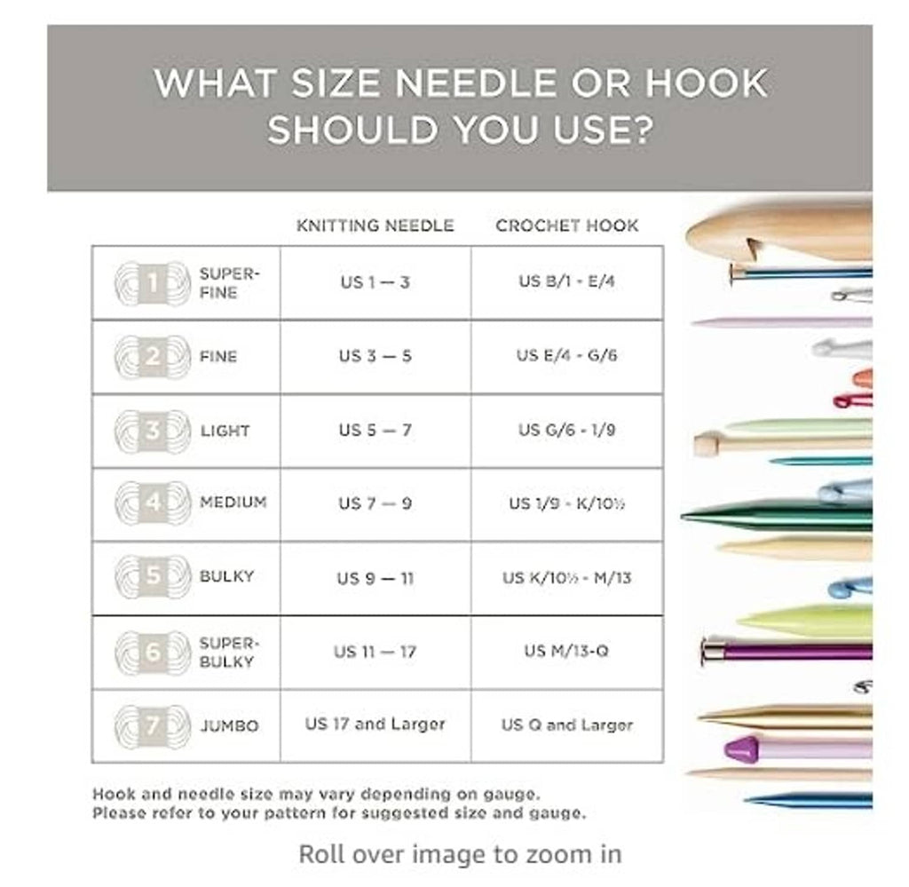 Needle and crochet hook size guide chart, including bulky yarn needle/hook ranges