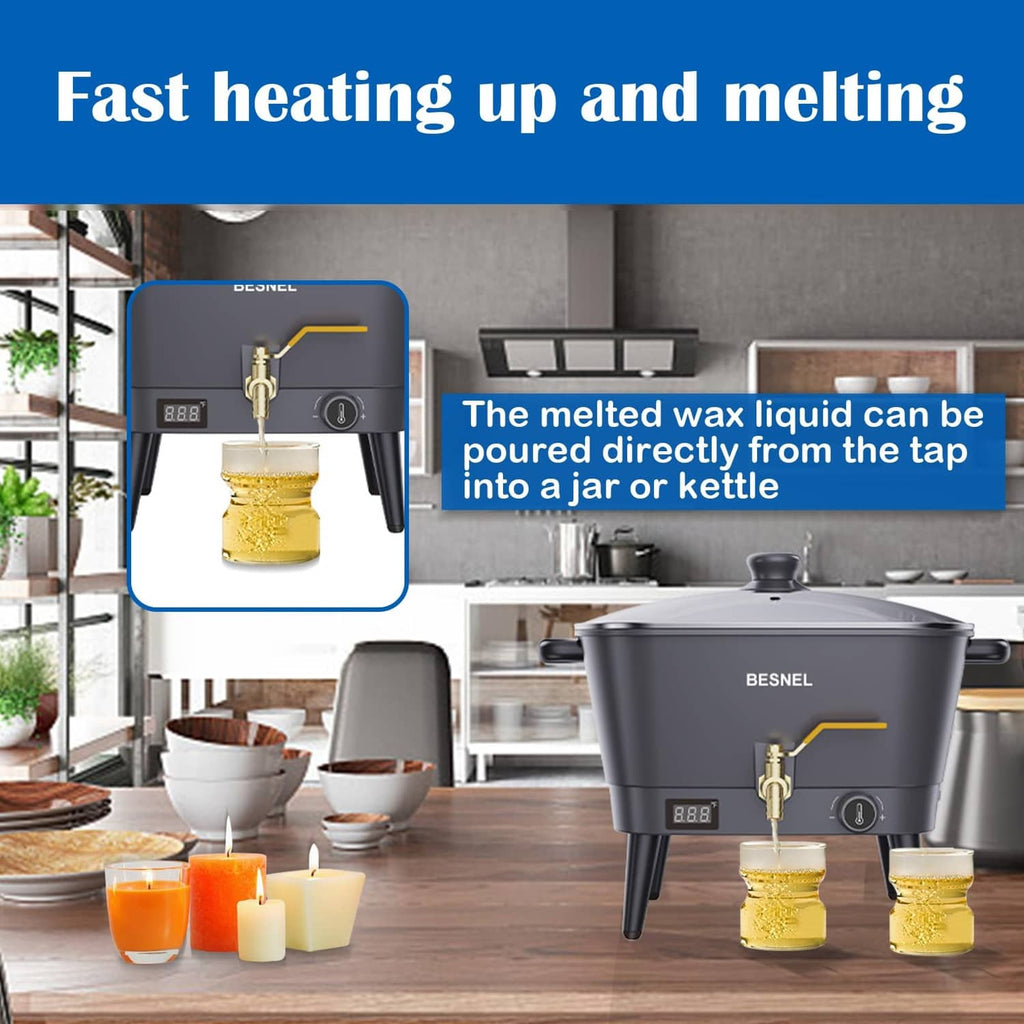 Black electric wax melter with spigot faucet and digital temperature display on legs