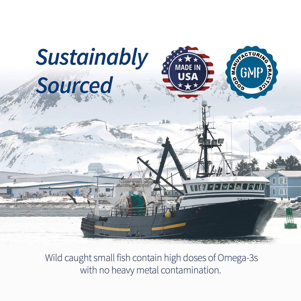 Sustainably sourced omega-3 fish oil badge with fishing ship and mountains