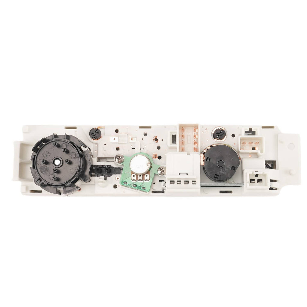 HVAC climate control module internal view with two motor housings and circuit board