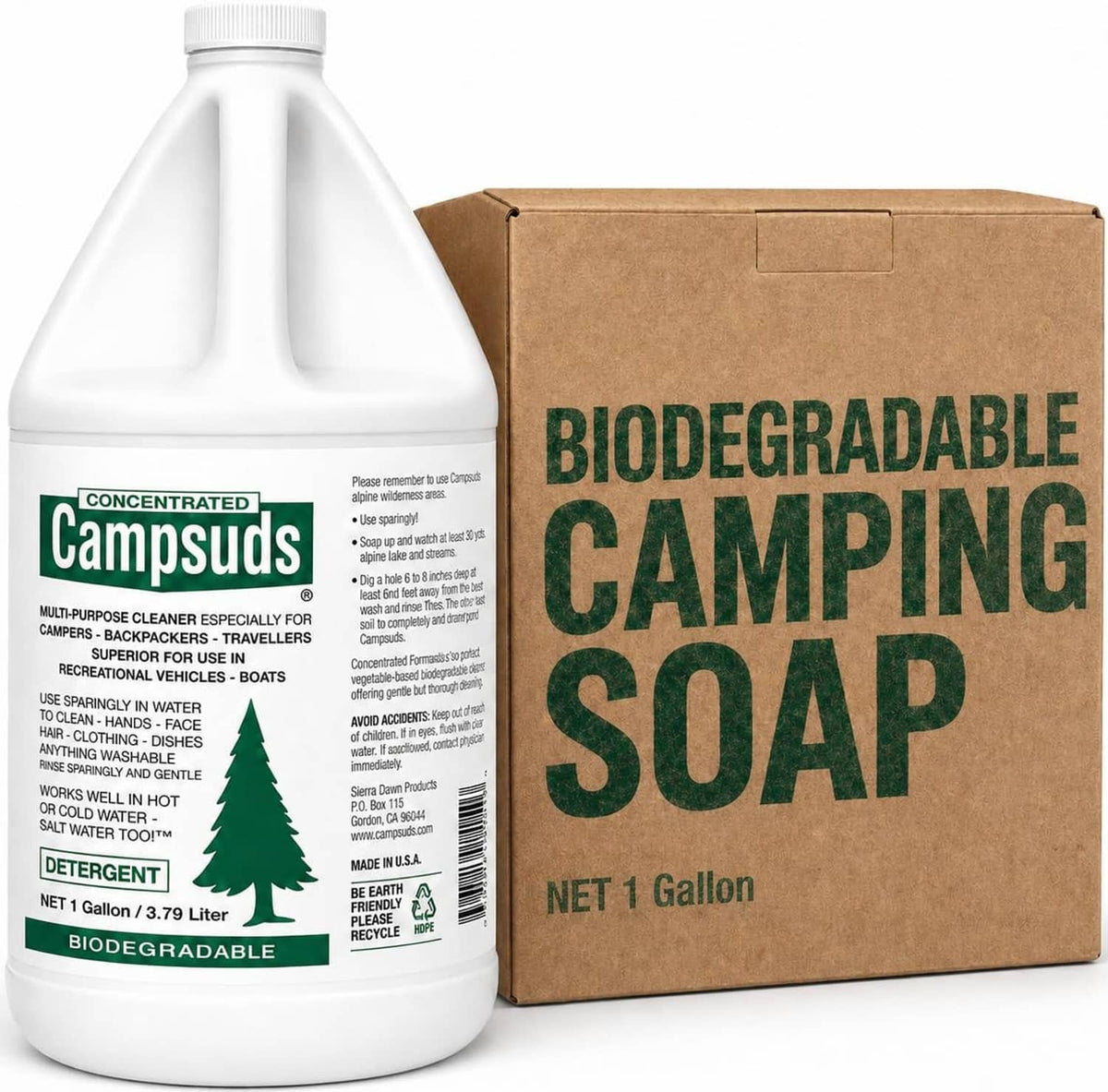 Biodegradable camping soap in a clear 1-gallon Campsuds bottle with matching box