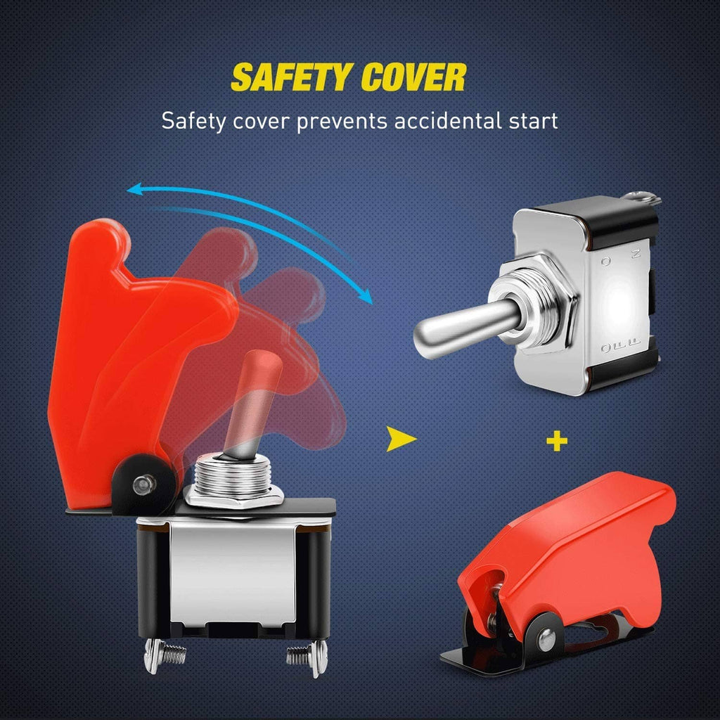 Safety-covered red rocker toggle switch, silver lever and black base with terminals