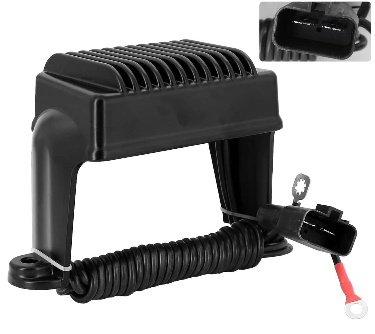 Black voltage regulator rectifier module with heat sink fins and wiring harness