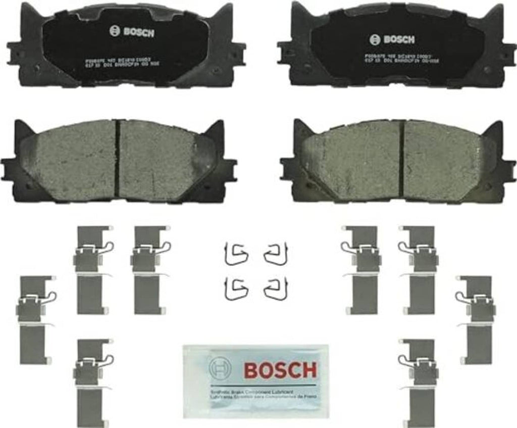 Ceramic disc brake pad set with 4 pads and hardware clips/shims; BOSCH branding