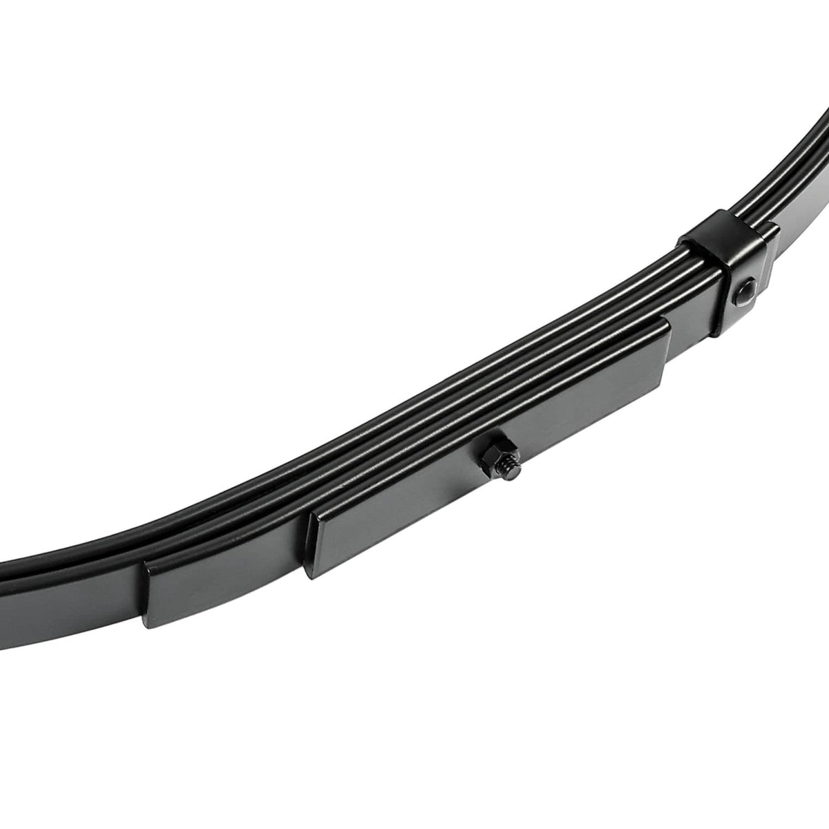 Black leaf spring assembly with U-bolt hanger clamps and mounting studs