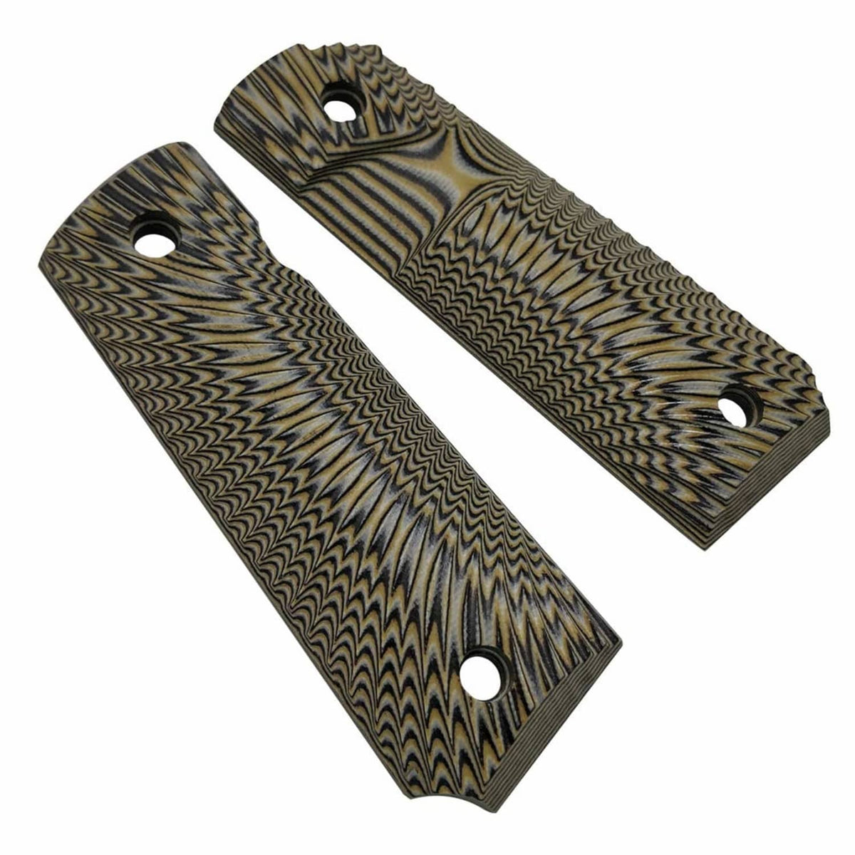 Two pistol grip panels, coyote tan wavy sunburst G10 with large openings and mounting holes