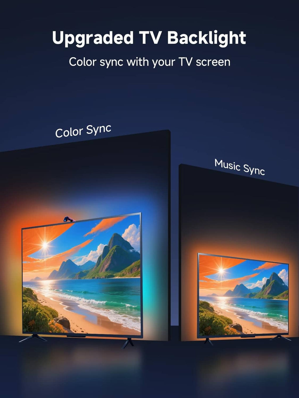 LED TV backlight kit showing color-sync glow around two flat-screen TVs