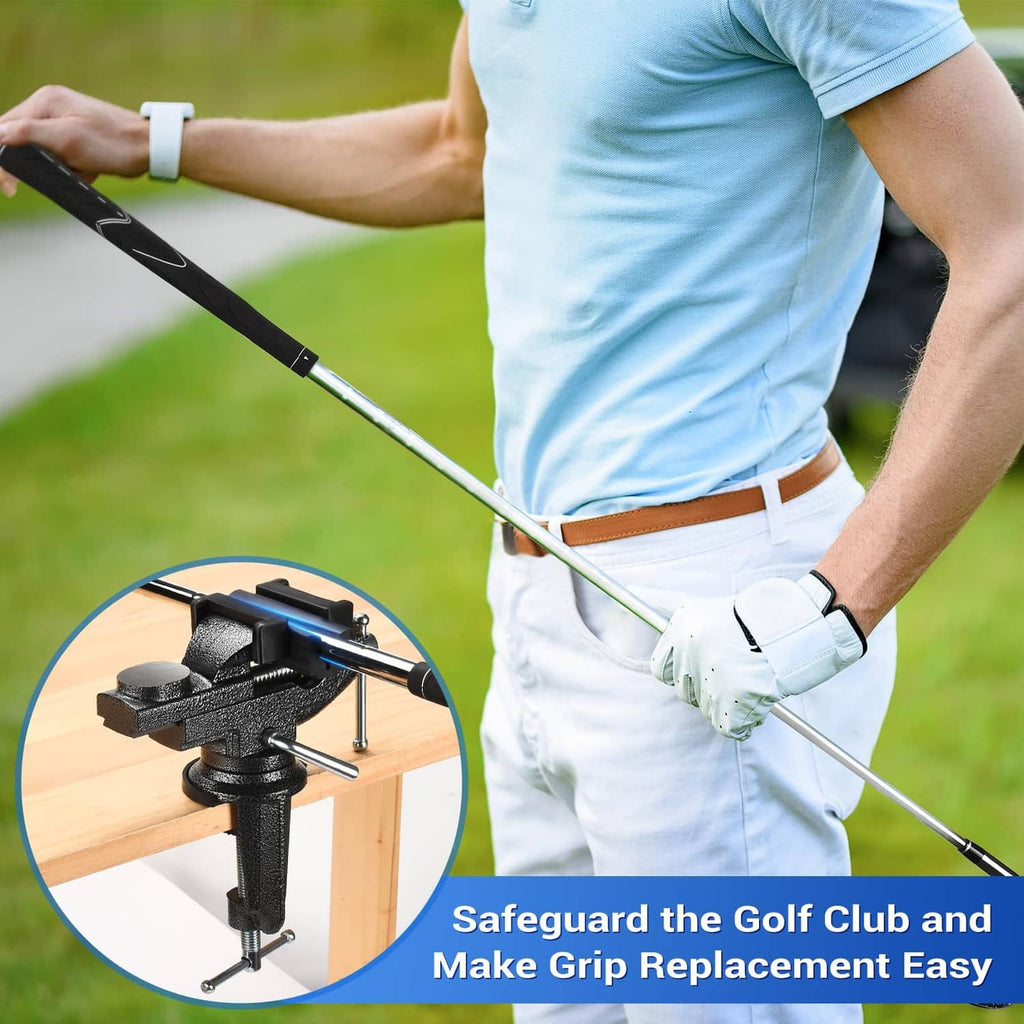 Golf grip regripping table vise clamped to wood while gloved golfer fits a club