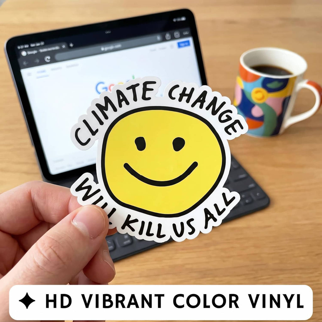 Close-up of a yellow smiley meme sticker on a hand, with bold black text around it