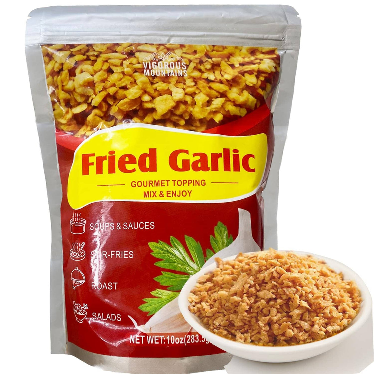 VIGOROUS MOUNTAINS fried garlic pouch with red label and yellow banner