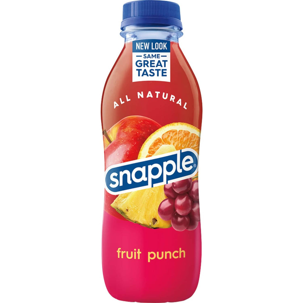 Snapple fruit punch juice drink bottle, blue cap; front view with fruit artwork