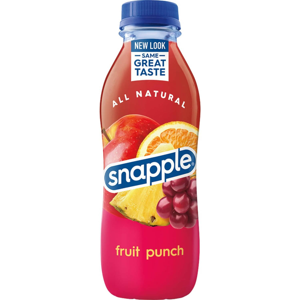 Snapple fruit punch juice drink bottle, blue cap; front view with fruit artwork