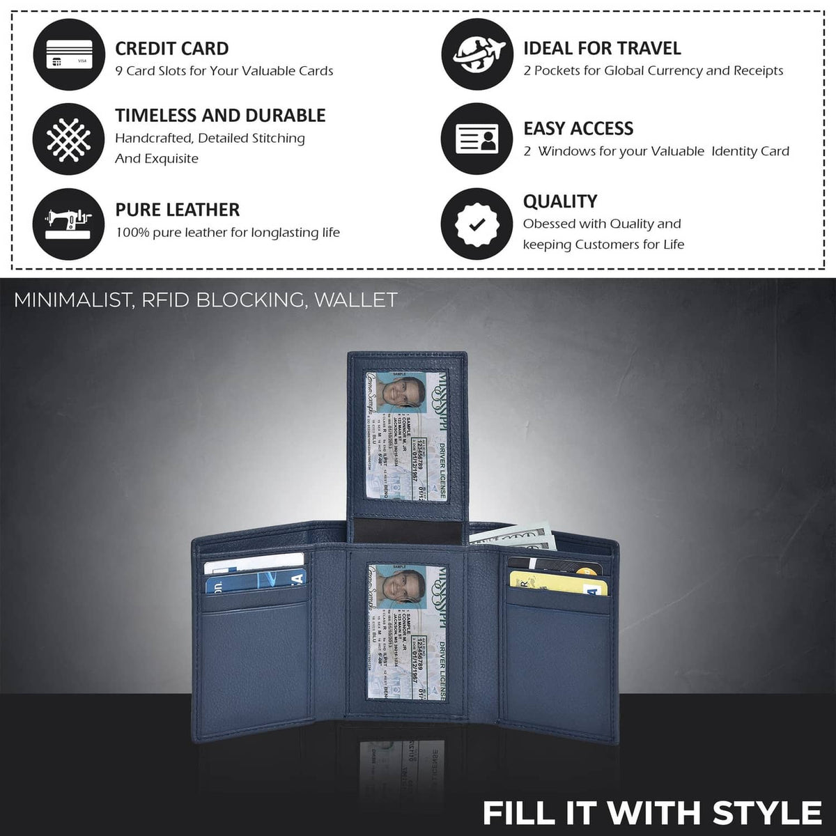 Blue minimalist trifold wallet with multiple card slots and ID card window