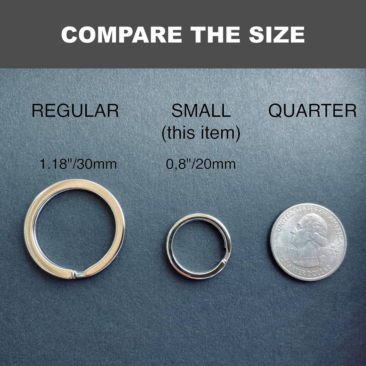 Small key ring (0.8 in) shown beside coin for size reference