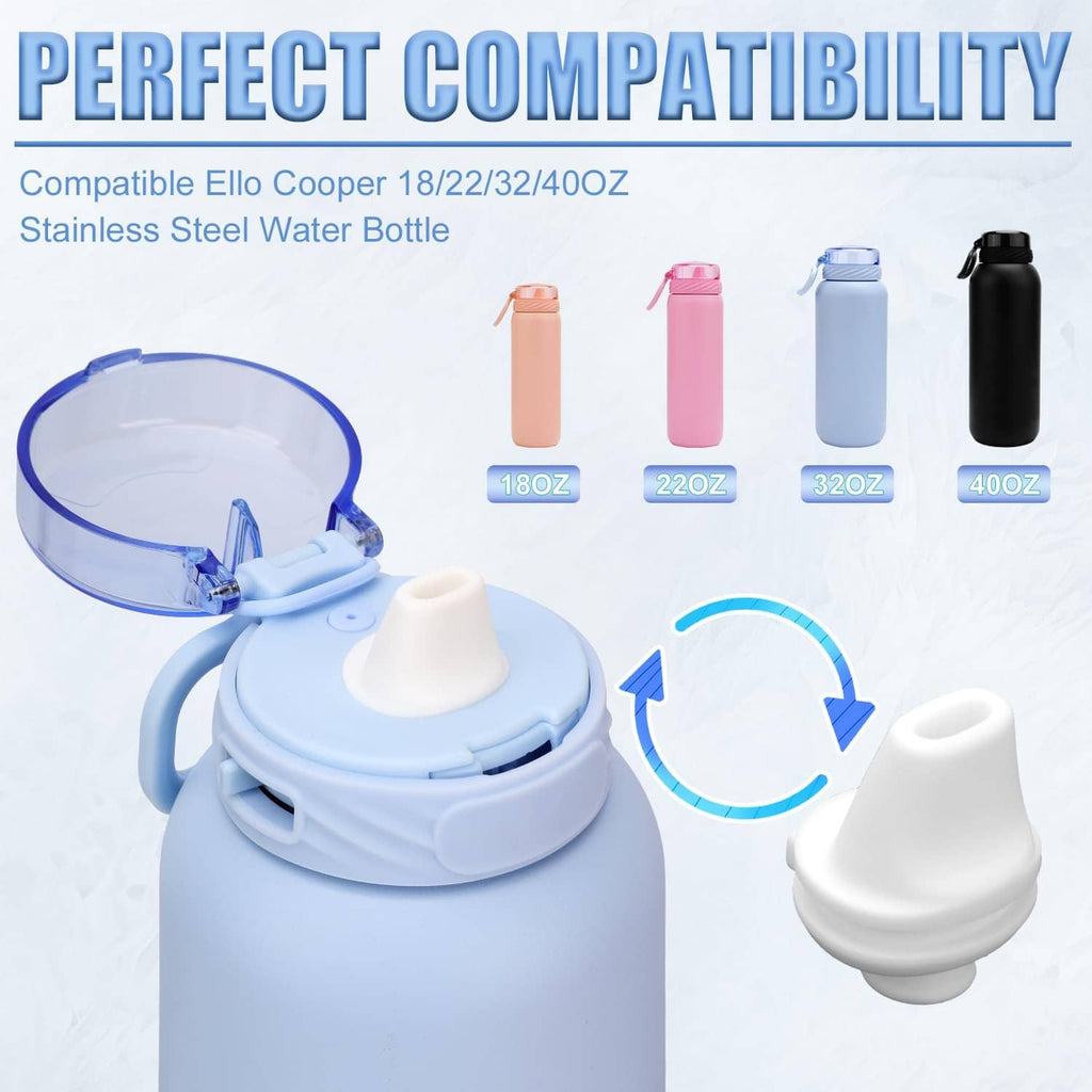 White bite valve cap on light blue bottle lid with multiple compatible replacement tips