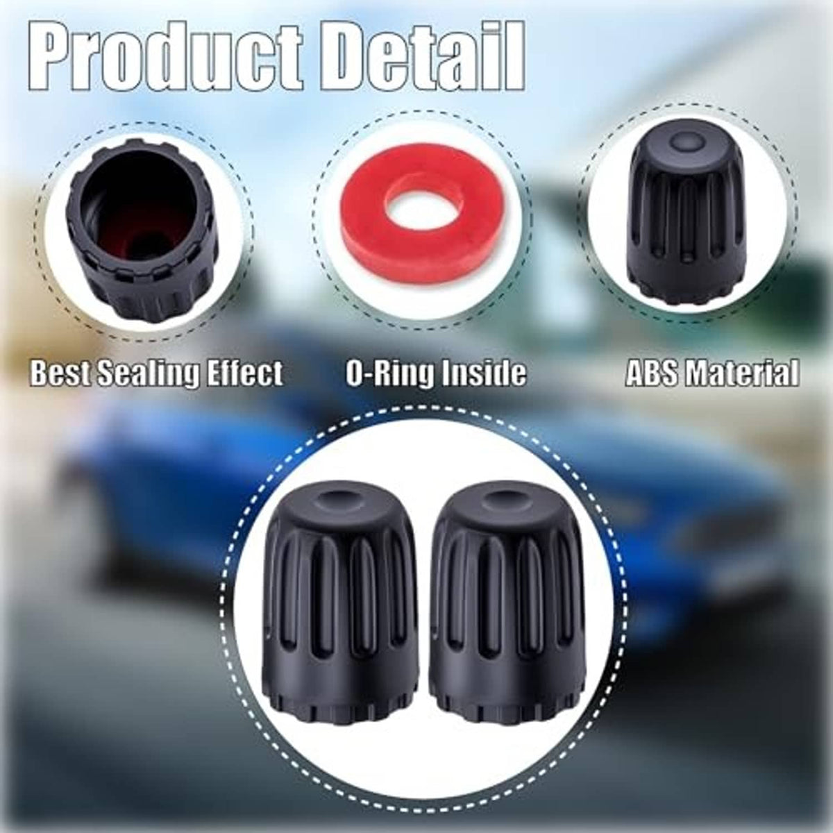 Black TPMS valve stem cap detail with ribbed exterior and inner seal opening