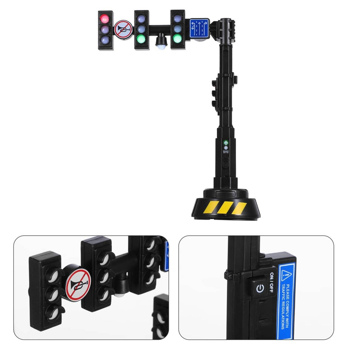 Black traffic light post with LED signals, display panel, and yellow-striped base stand