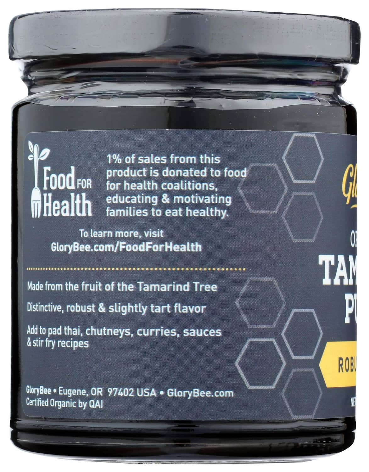 Organic tamarind puree jar back with Food For Health donation and usage notes