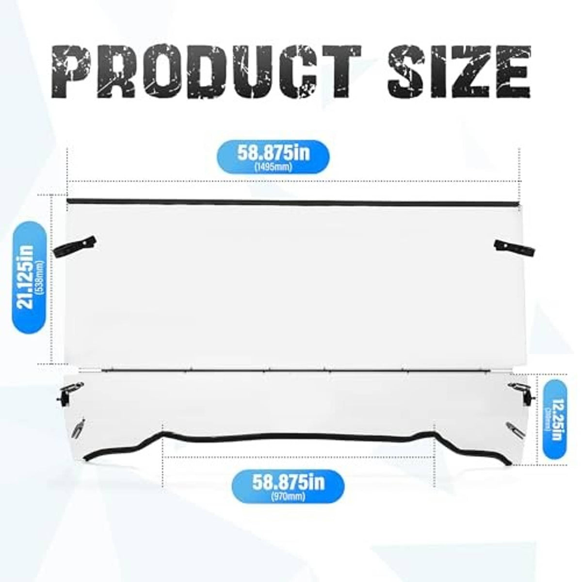 Clear folding front windshield panel for off-road UTV, with mounting clamps