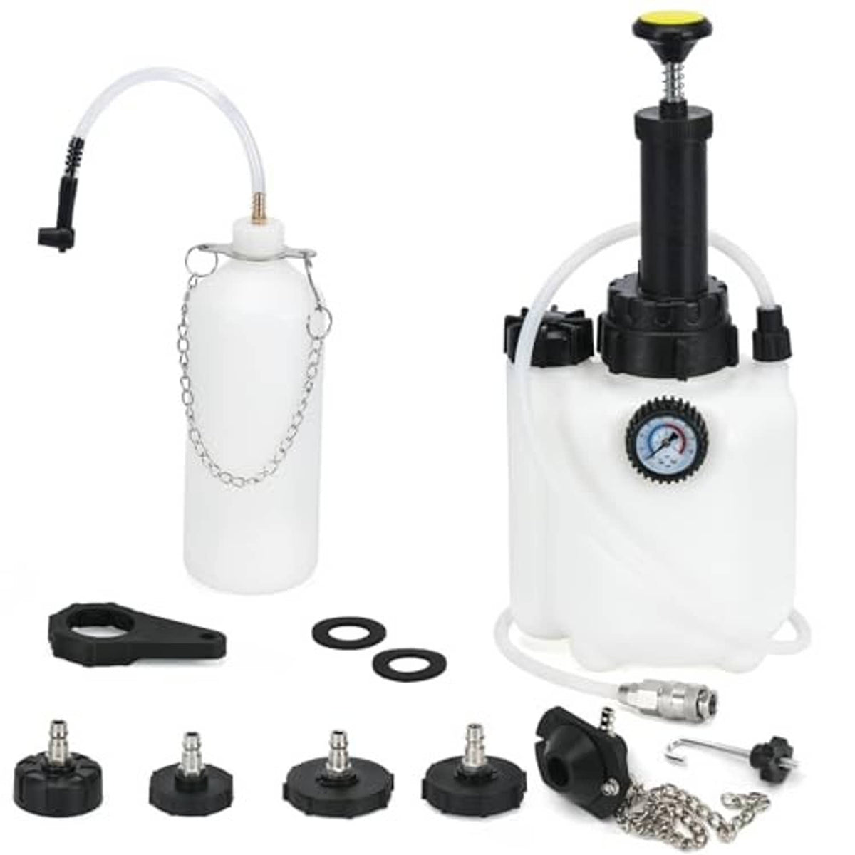 Brake bleeder kit with white catch bottle, black pump, pressure gauge, and adapter set