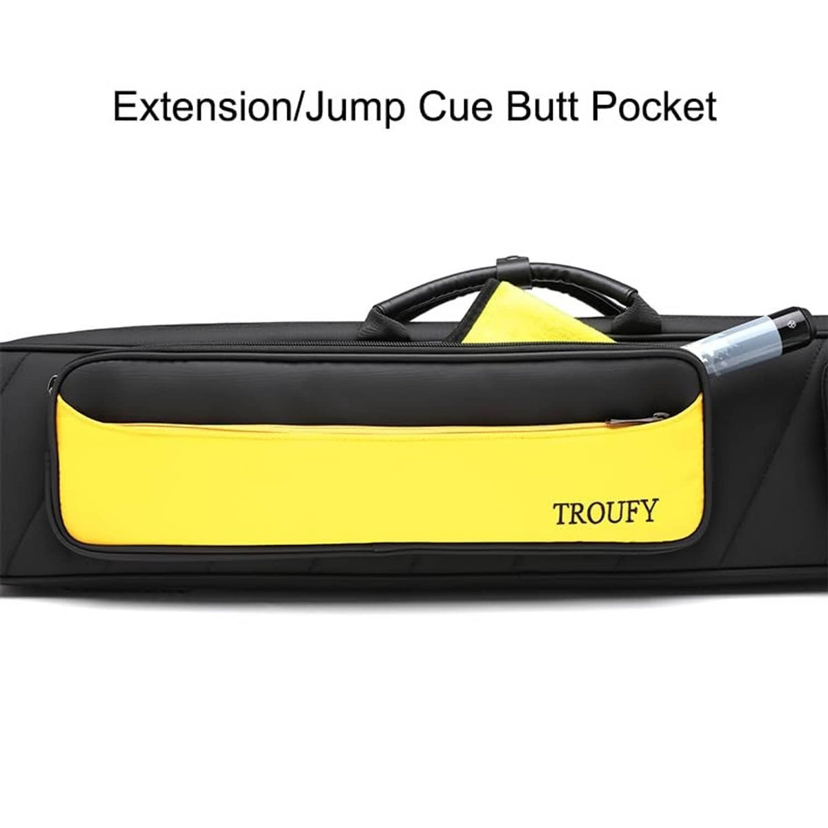 Black pool cue case with yellow panel and side pocket holding a cue end