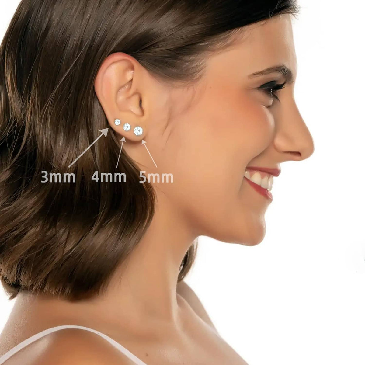 Silver CZ ear studs set: 3mm, 4mm, and 5mm on ear