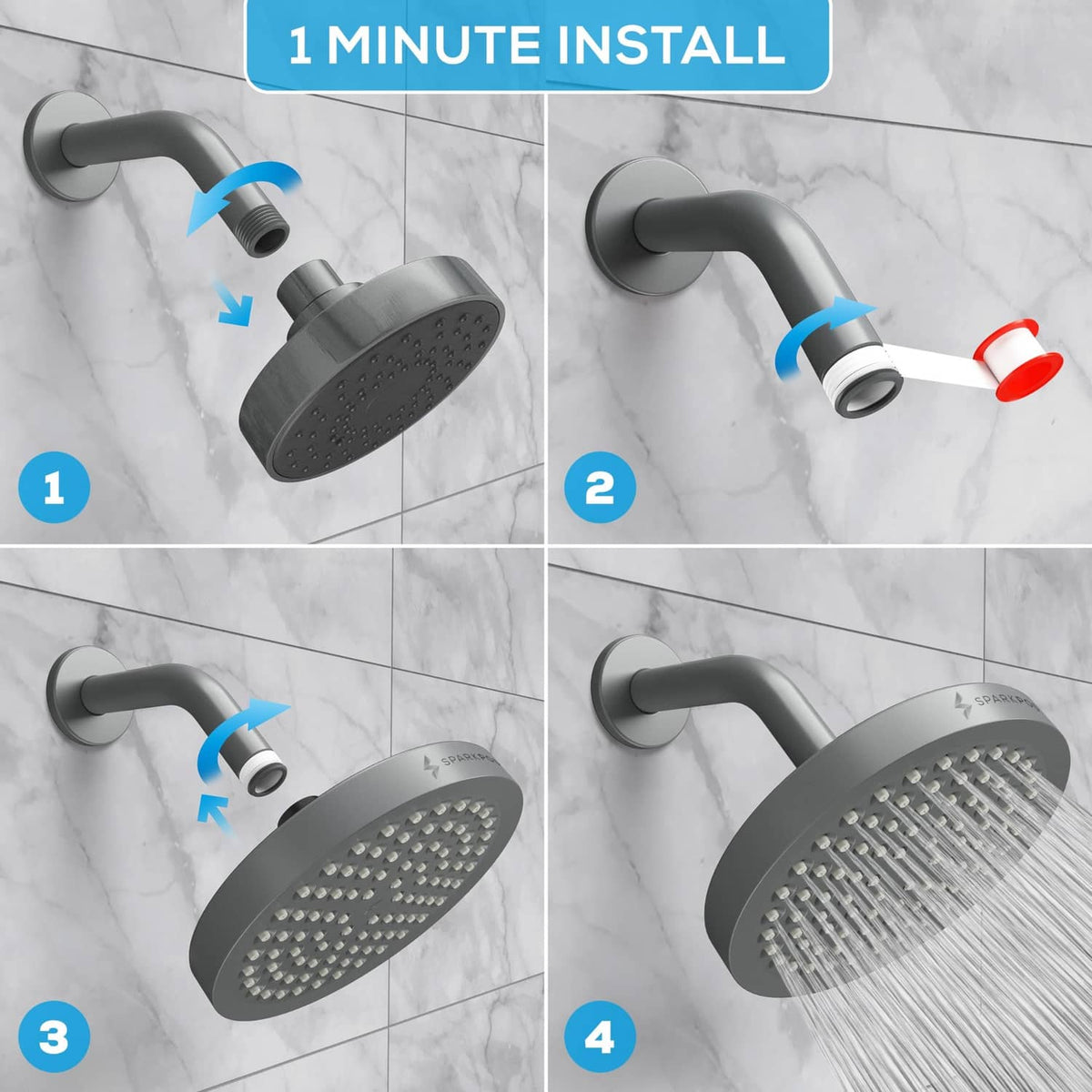 Charcoal grey rain shower head with step-by-step install and spray face detail