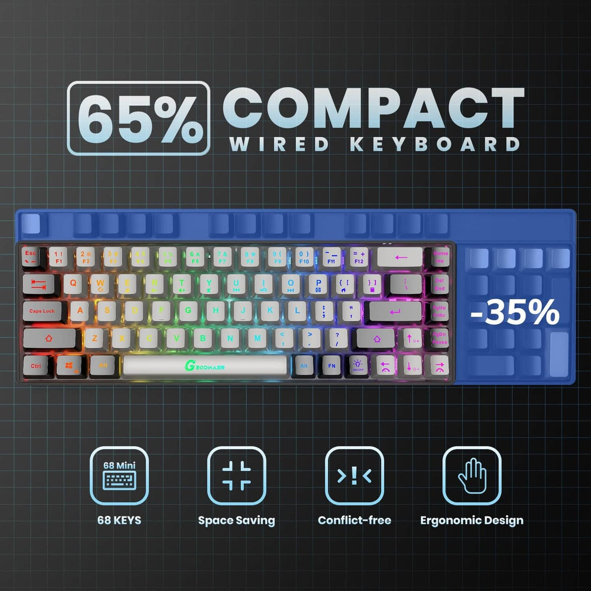 65% compact wired keyboard layout with RGB backlit keys in grey and black